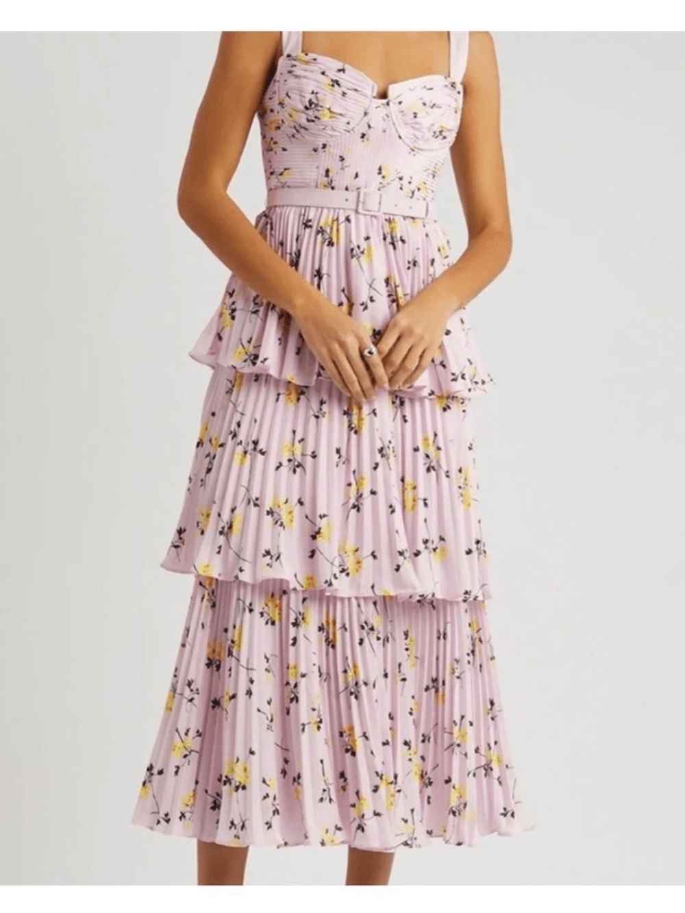 Self-Portrait Pink Tiered Pleated Floral Maxi Dress